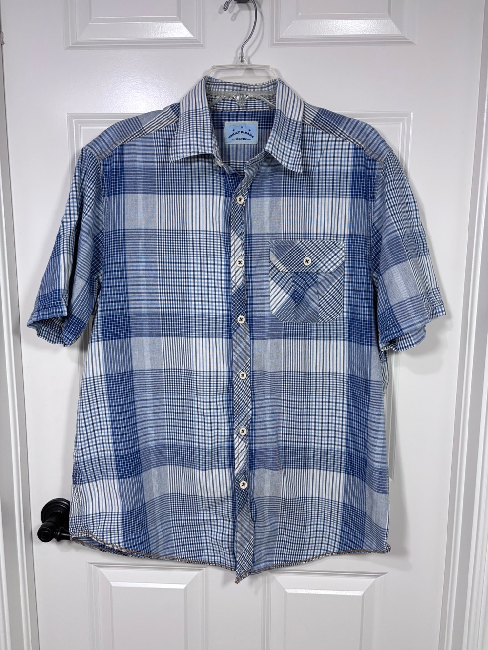 Tommy Bahama Denim Plaid Short Sleeve Button Down Cotton Shirt Men’s L Blue